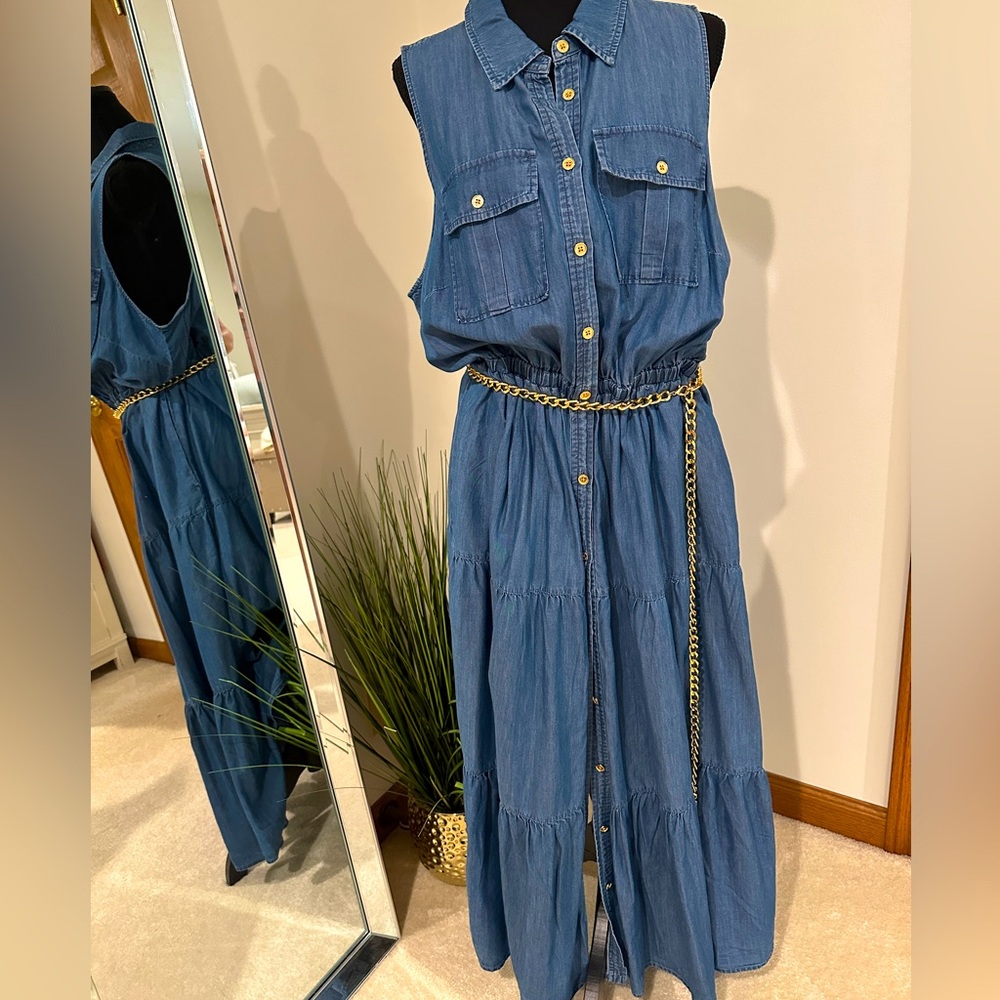 Michael Kors Blue Chambray Button Front Maxi Sleeveless Sundress 1X NWOT